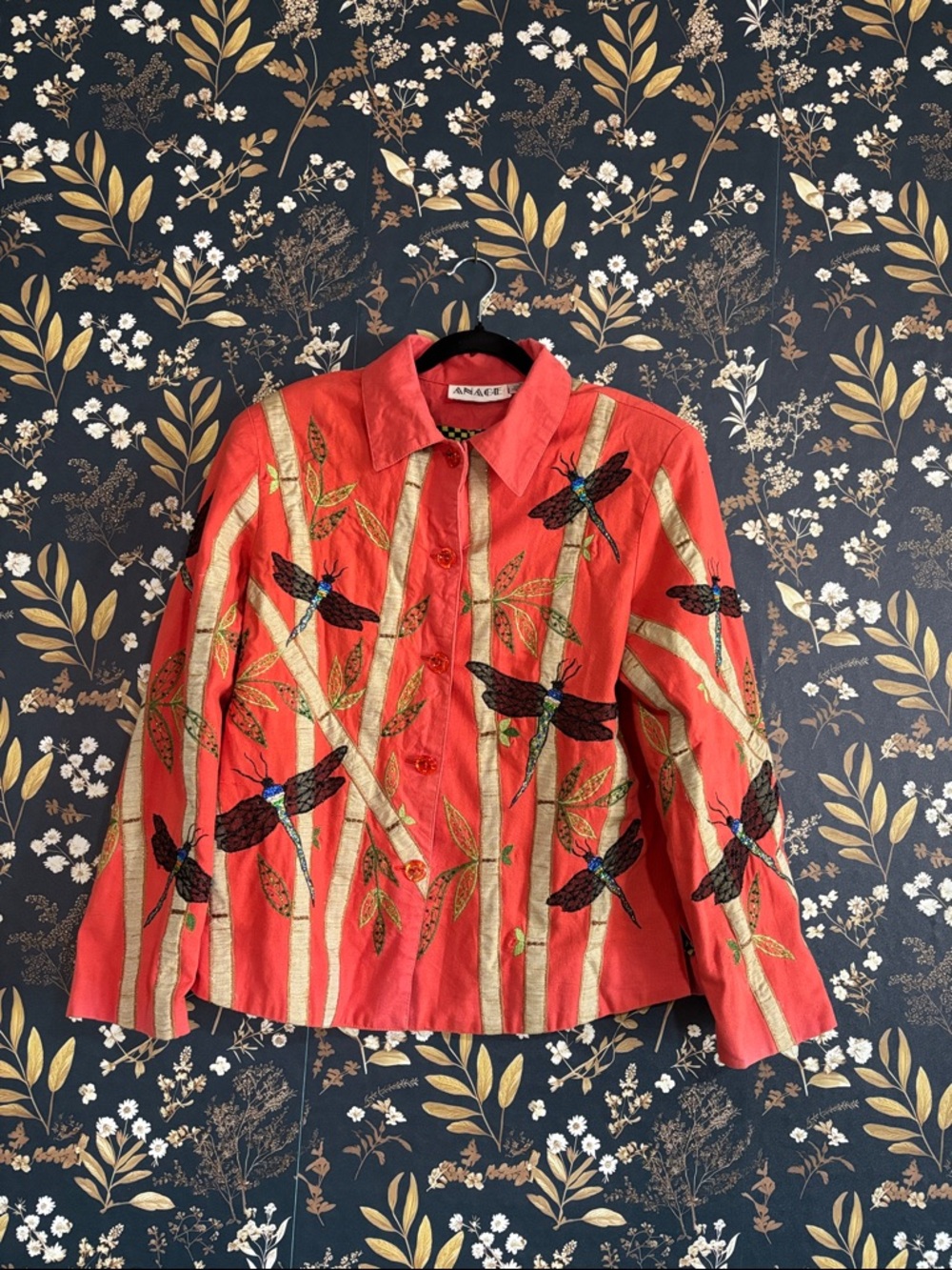 Anage Coral Dragonfly Embroidered Button Jacket Checkered Interior Unique M